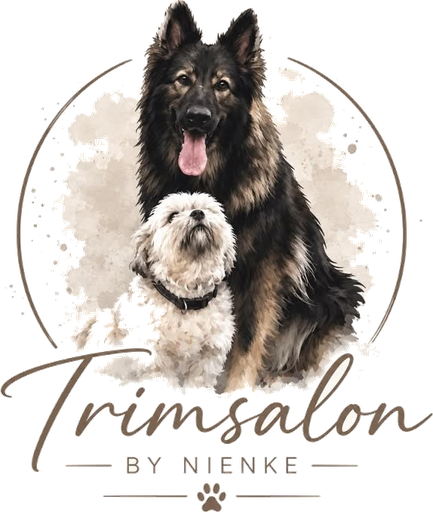 Logo van Trimsalon By Nienke: een herdershond en een wit hondje in een cirkel, met de naam eronder